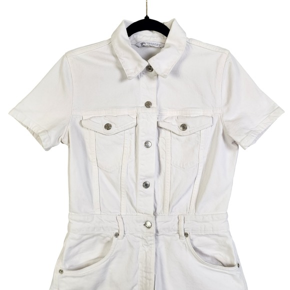 Zara Womens White Denim Romper Size Medium Snap Button Front Utility Boilersuit - Picture 3 of 13